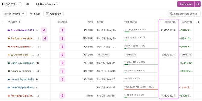 project list fixed fee